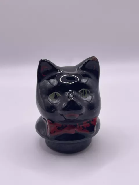 Vintage 1950s Shafford Redware Black Cat Face Stopper Many Paint Chips***