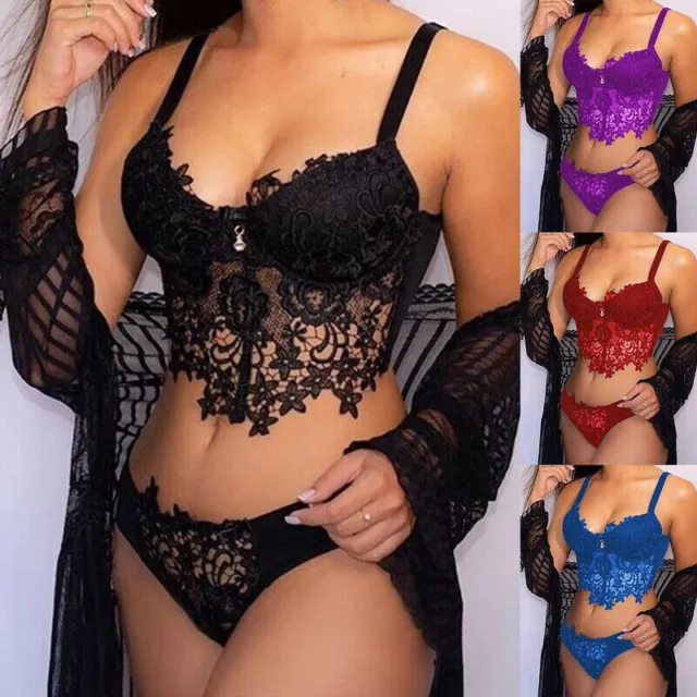 UK Womens Sexy Lingerie Lace Bra Ladies Thong Underwear Set Nightwear Sleepwear