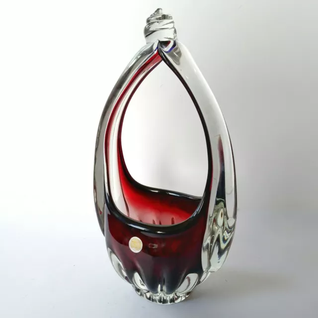 Hand Blown Romanian Midcentury Deep Red Cased Glass Vase Basket 1950s - 70s
