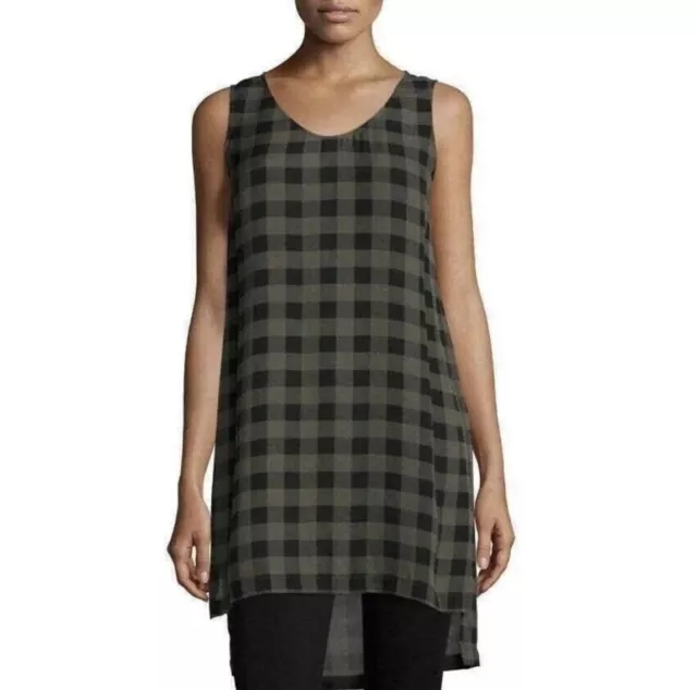 Eileen Fisher Silk Olive Buffalo Check Plaid High Low Tunic Tank Dress Dress Xl