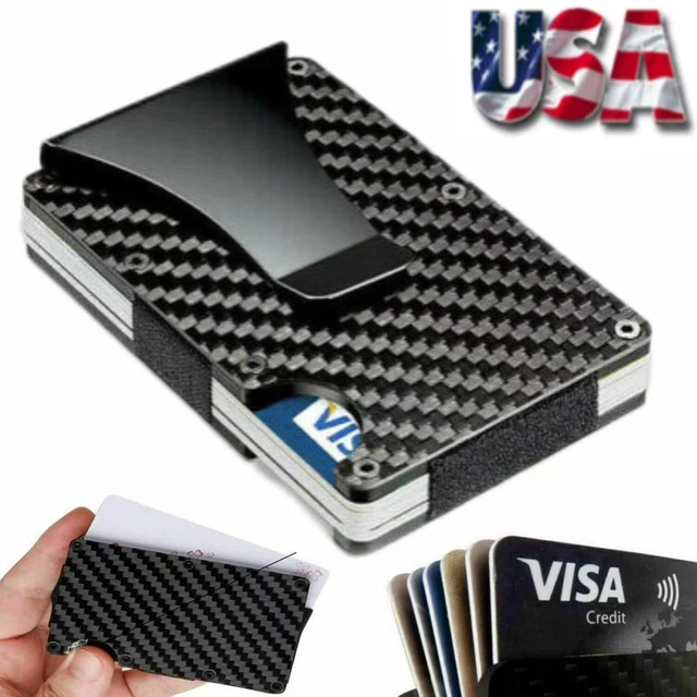 RFID Blocking Slim Money Clip Mens Carbon Fiber Credit Card Holder Metal Wallet