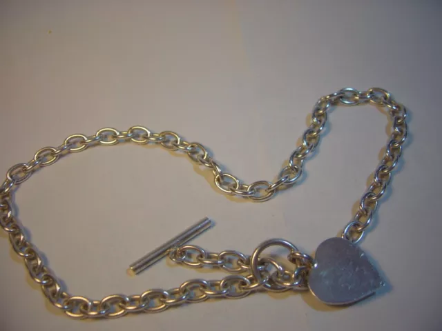 Superb Solid Thick Silver Necklace-Ovals Links-Heart Charm-T-Bar &Ring Clasp-16" 2