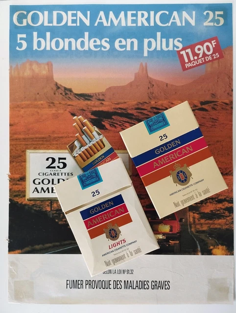 Lot de 2 anciens paquets de cigarette vide Golden American + une publicité