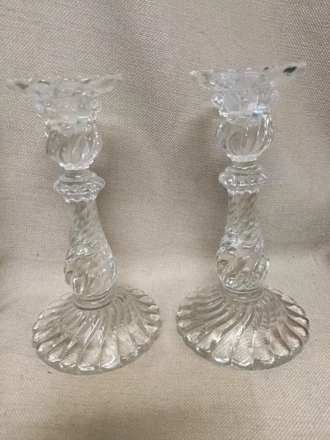 Pair of Baccarat Bambous Swirl French Crystal 9" Tall Taper Candle Holders