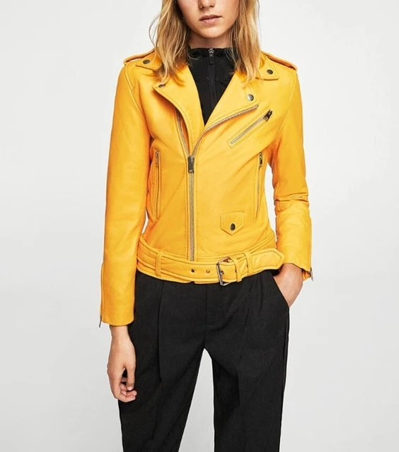 Leather Jacket Women Biker Coat Moto Fit Womens L Motorcycle S Lambskin Yellow 4