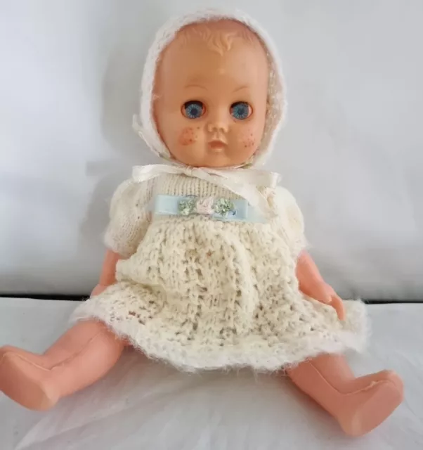 Vintage Jointed Baby Doll Hard Plastic Height 24 cm Knitted Outfit Blue Eyes