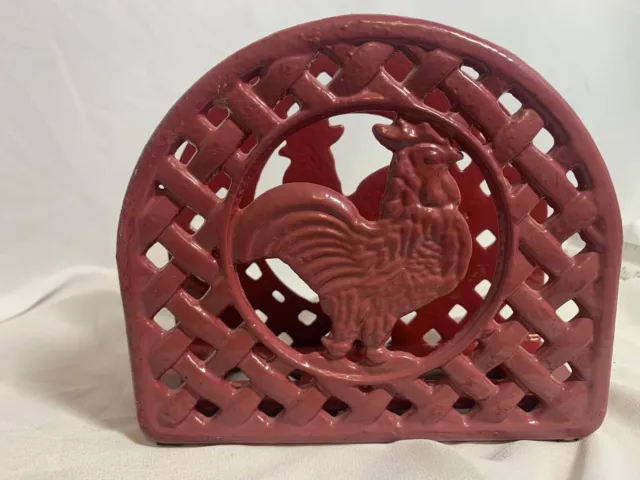 Red Rooster Napkin Holder Farmhouse Kitchen Decor Painted Cast Iron Barnyard Hen