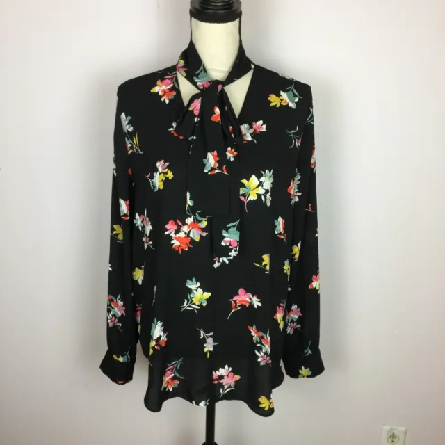 Ann Taylor Blouse Shirt Top Size L Womans Black Floral Long Sleeve Tie V-Neck