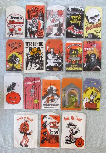 18 Vtg & Modern Halloween Paper Trick or Treat Candy Bag Lot Cowboy Skeleton Bat