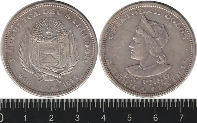 El Salvador: 1914 One Peso silver Christopher Columbus. Scarce.