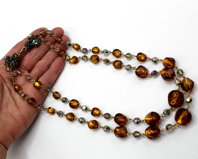Collier De Perles Ancien En Pâte De Verre Orange Avec Inclusions Or - Occasion En Bel état