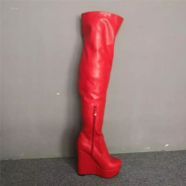 Womens Wedge High Heel Platform Side Zip Over Knee High Boots Oversize Red