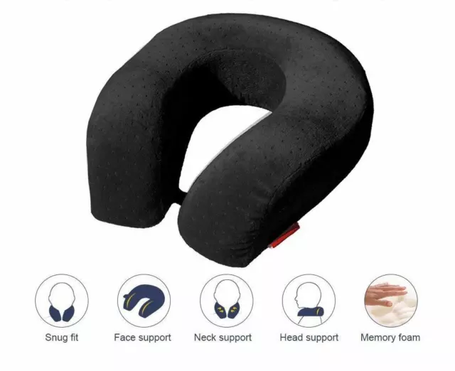 Bookishbunny Memory Foam Large U Shape Travel Pillow Neck Support Head Rest Blk
