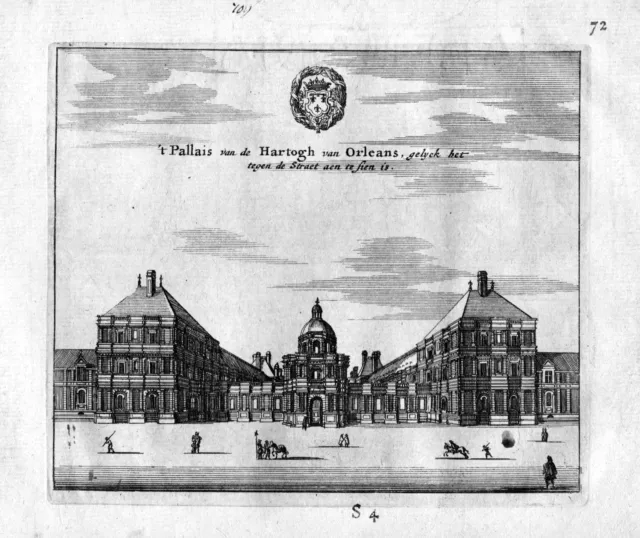 1666 Palacio Duque de Orleans Paris Francia Estampe Grabado