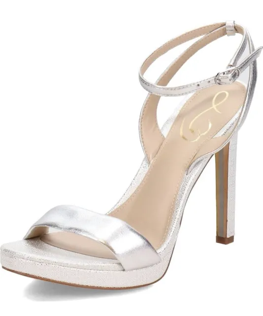 NIB Sam Edelman Jade Soft Silver Leaf Ankle Strap Sandals Heel Size 6.5 M
