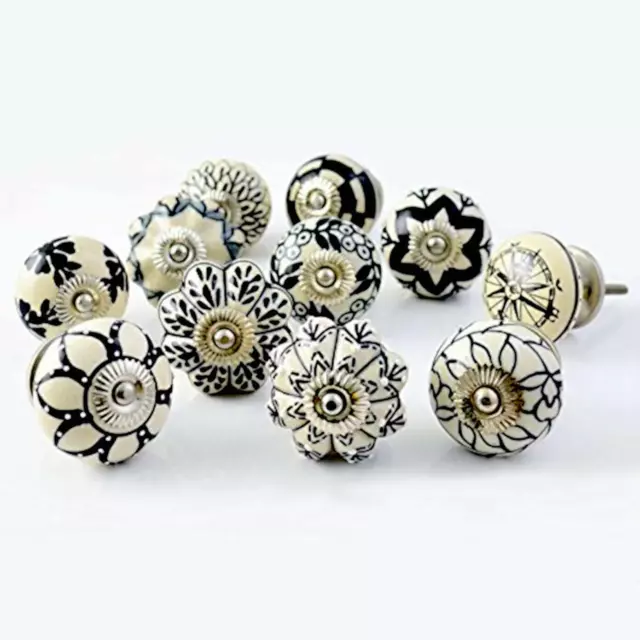 Black and White Vintage Ceramic Knobs Shabby Chic Door Handles Cabinet Pulls