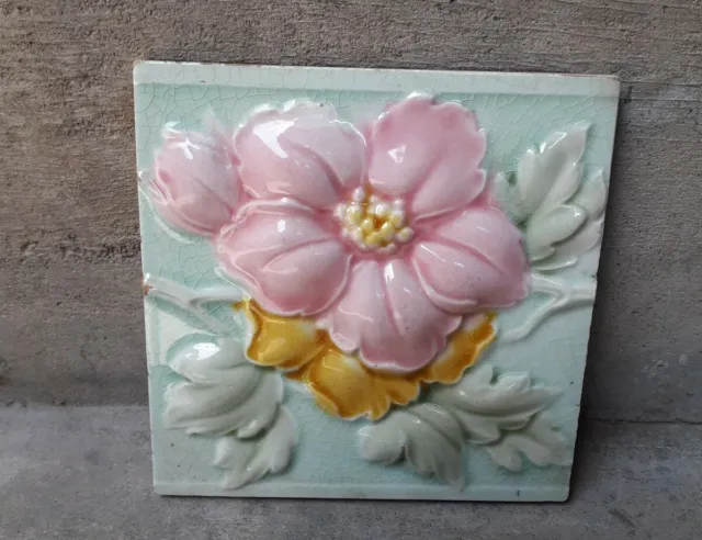 Rare Ceramic Flower Art Tile Porcelain Vintage Art Japan