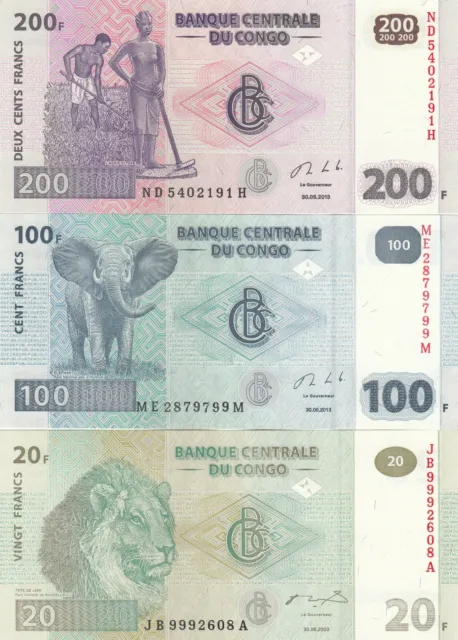 Congo, 20, 100, 200 Francs, Congo Billets de Banque, UNC