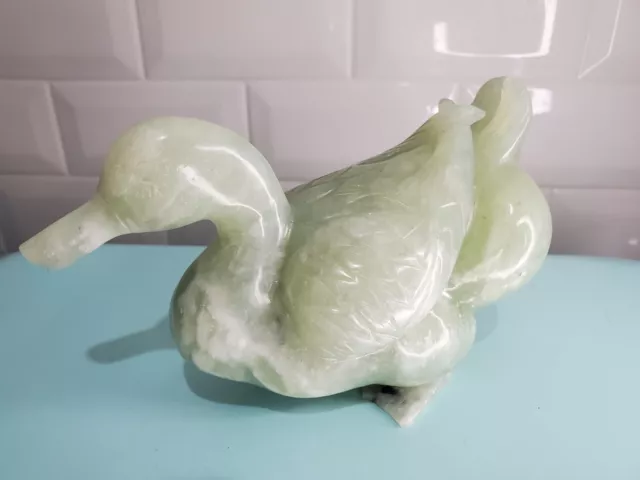 Vintage Chinese Green Hand Carved Jade Stone Duck Figurine 4"×6" As Is