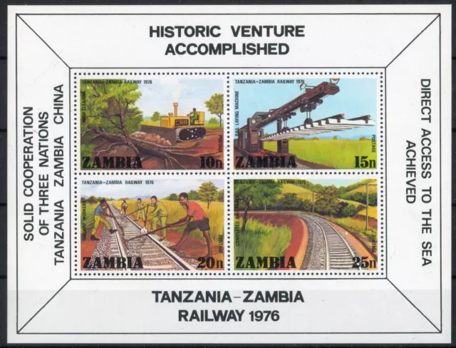 Zambia 1976 QEII Railroad to Tanzania set di 4 mini fogli nuovi di zecca