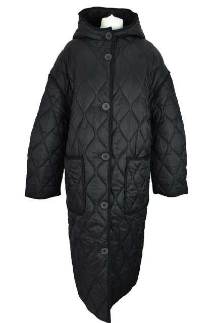 ASOS Design Black Padded Coat size Uk 10 Womens Button Up Hooded Outerwear