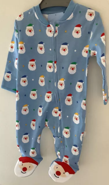 Jojo Maman 0-3 Months Blue Cotton Santa Claus Designed Xmas Sleepsuit