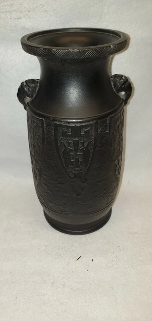 Antique japanese pottery black Vase Tokanabe Double Handled 12" 1920s w/ rabbits