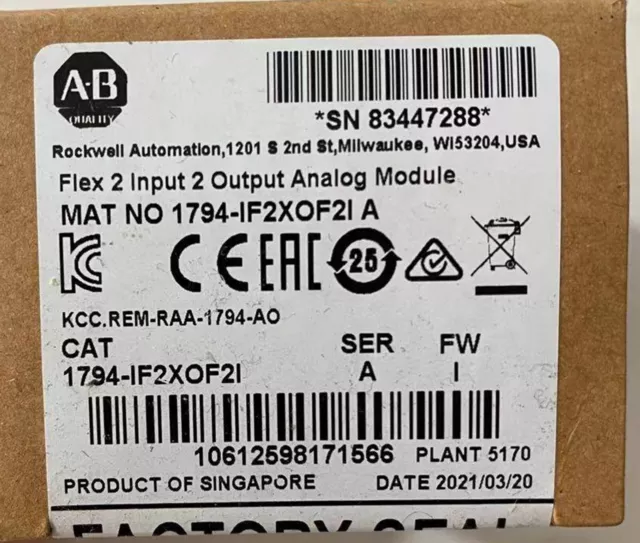 NEW Factory Sealed AB 1794-IF2XOF2I/A FIex 2 lnpnt 2 Output Analog module