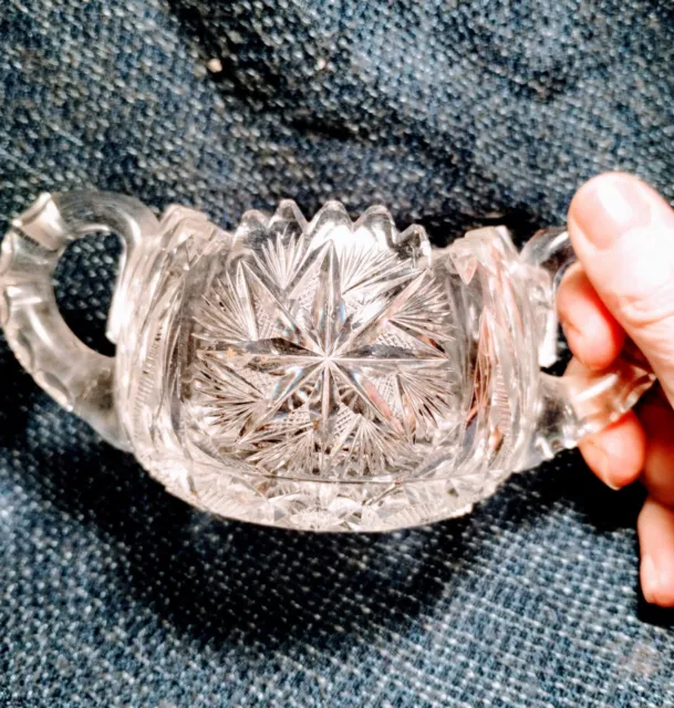Antique American Brilliant Cut Glass Period Pinwheel/Star Sugar Bowl 2 Handles