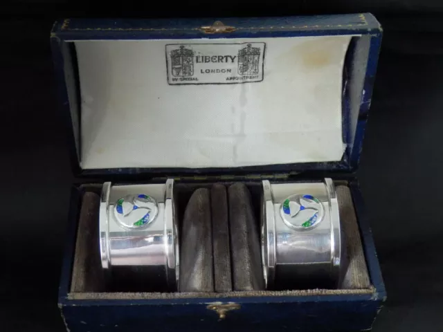 Rare Antique Liberty & Co Solid Silver Enamel Napkin Rings By Archibald Knox