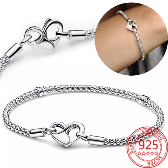 Classic Real 925 Sterling Silver Snake Chain Moments Heart Closure Bracelet