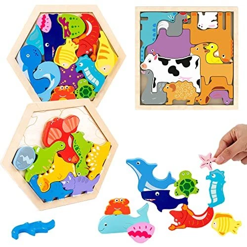 Arlai 3 Packs Wooden Puzzles for Kids 3D Multi-Theme Animals Fruits Food Jigs...