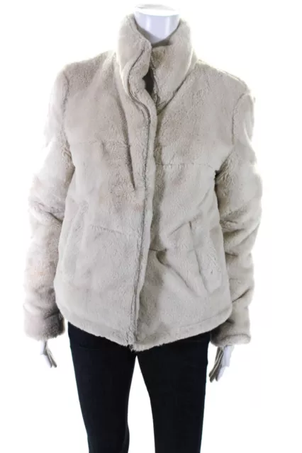 Zara Womens Full Zip Turtleneck Faux Fur Coat Jacket Beige Size Medium