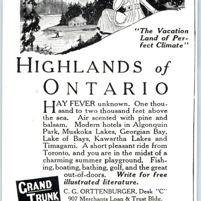 1920 Ontario, Canada Grand Trunk Railway System Print Ad Algonquin Muskoka C38