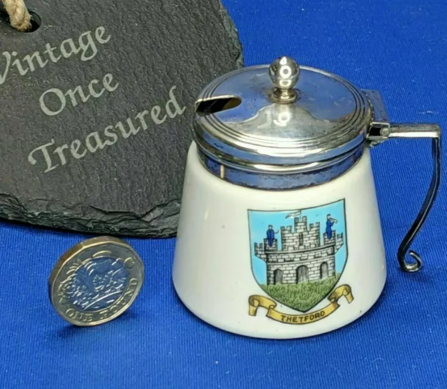 Carlton China CRESTED WARE * Silver Plated Lidded Mustard Pot * THETFORD Crest