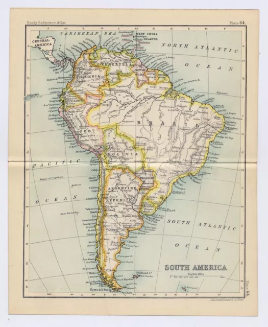 1912 Antique Map Of South America Brazil Argentina / Verso British Guiana Guyana