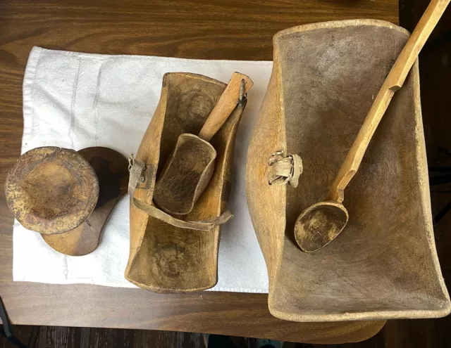 Lot Of Carved Wood Atubwa Food / Milk Bowl, Scoop,spoon, Masher, Kenya, Africa