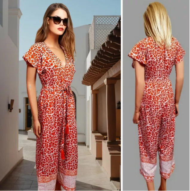 Patchouli Fair Jumpsuit Size S Ginger Floral Print Wrap 3/4 Leg Belted #17
