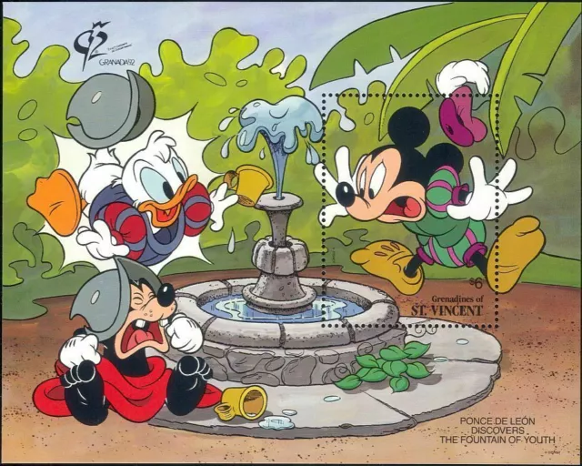 St Vincent Grenadines 1992 Disney Mickey Donald Duck Fountain StampEx m/s MNH