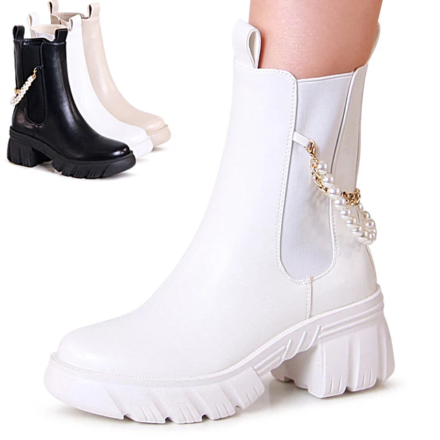 Chaussures Femme Plateforme Bottines Moitié Bottes Chelsea Chaîne Perles