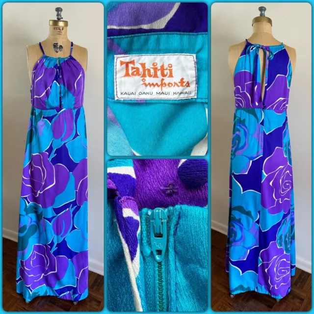 1970s Vtg TAHITI IMPORTS Hawaiian Floral Maxi Keyhole Sun Dress Hostess 60s