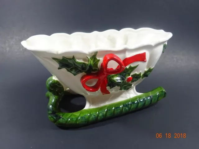 VTG Lefton W/Label  #7746  Holly Sleigh  Vintage Porcelain Christmas Candy Dish