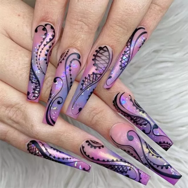 Manicure Long Ballerina Colored Line Note Pattern Fake Nails False Nails