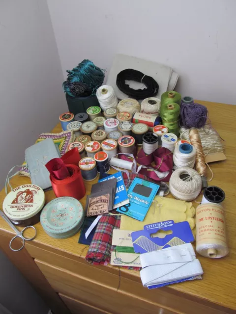 JOB LOT - VINTAGE SEWING ITEMS cotton, embroidery thread, needles & pins