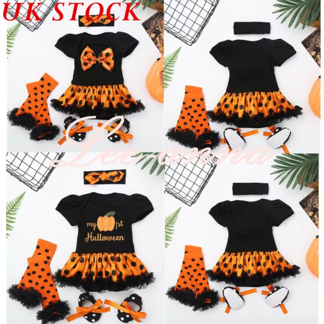 4PCS Newborn Baby Girls Romper Halloween Jumpsuit Outfits Costume Tutu Skirt Set