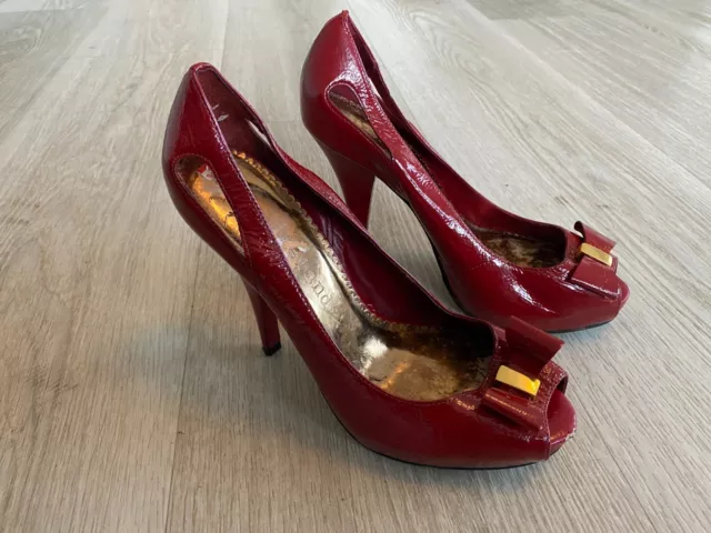 RIVER ISLAND LADIES Red Patent High Heel Peep Toe Sandals Shoes Size 6 ...