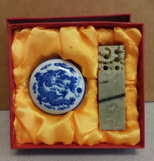 Original Chinese MARBLE Soapstone Stamp Seal with Box Porcelain Wax Pot SALLY