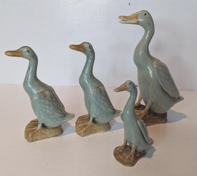 4 Vintage Chinese Celadon Porcelain Figurine Goose / Duck / Geese - See Pics