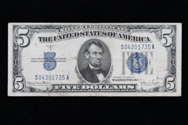 $5 1934D blue seal Silver Certificate Circulated S04301735A Exact Note Shown