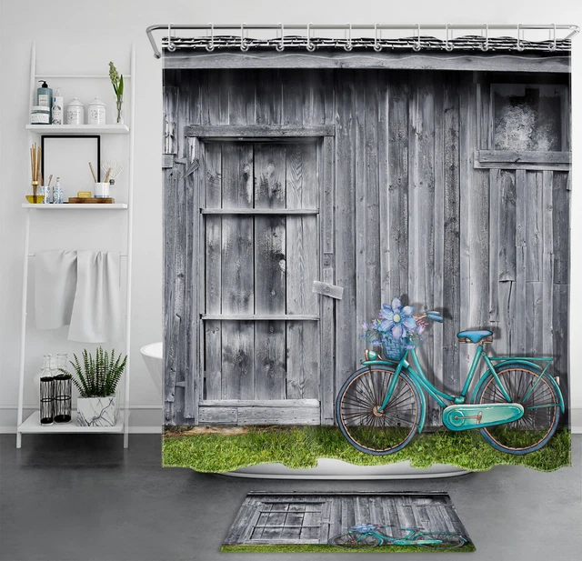 Blue Wildflower Rustic Wood Barn Door Shower Curtain Set for Bathroom Decor